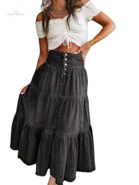 High Waist Button-Fly Tiered Ruffle A-Line Denim Maxi Skirt with Pockets